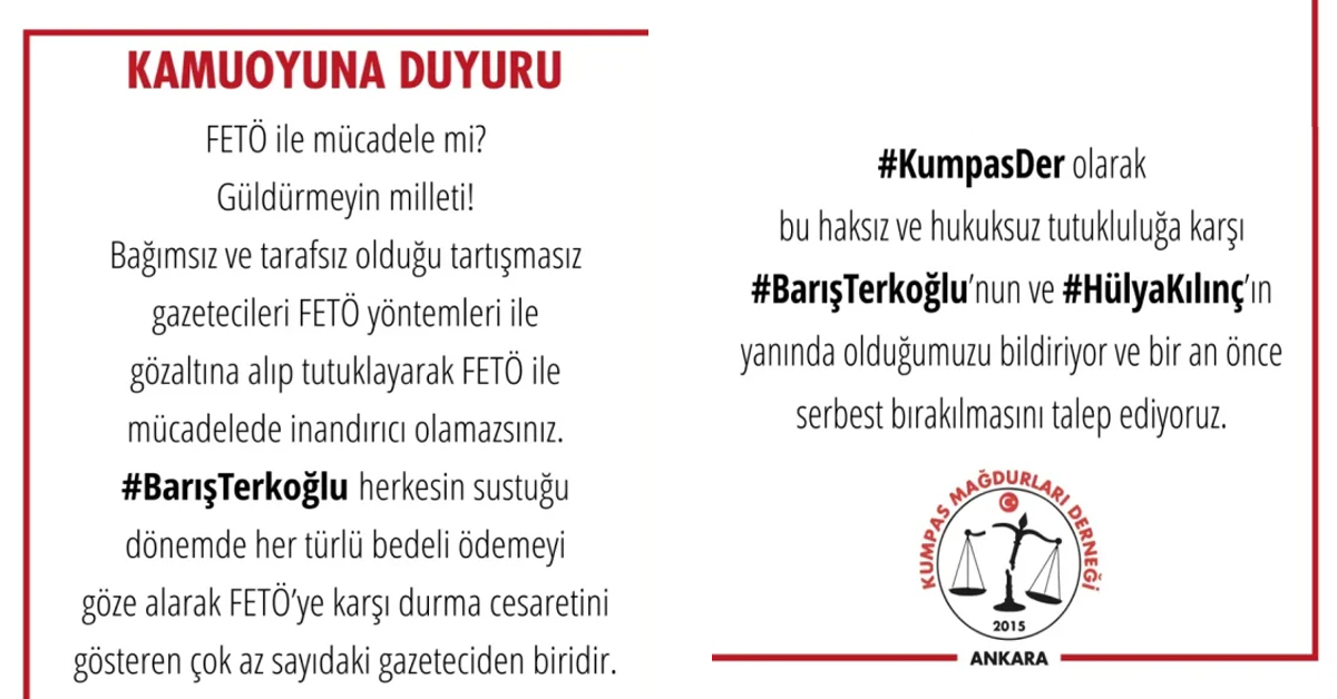 Gazeteciler Barış TERKOĞLU ve Hülya KILINÇ’a Özgürlük